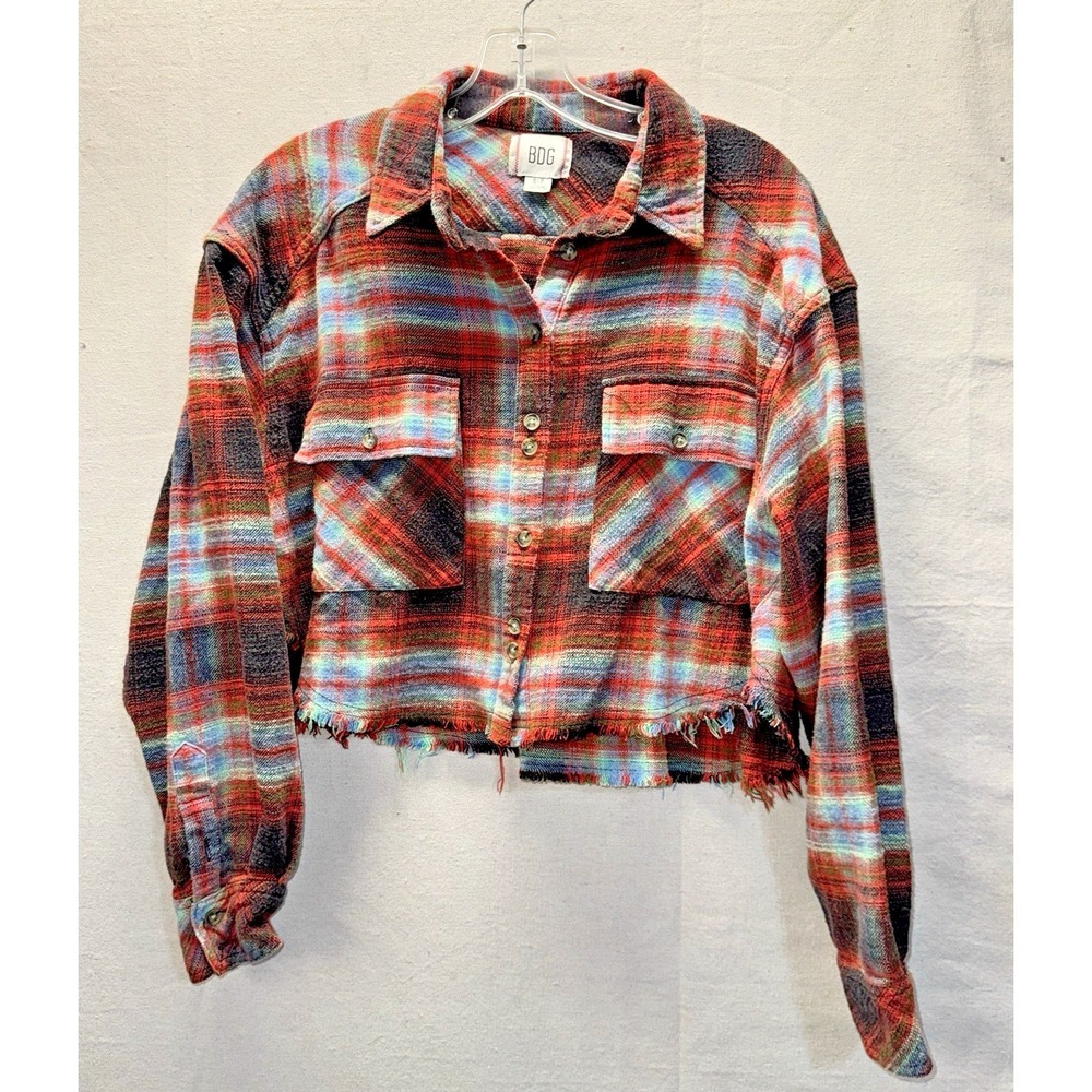 BDG Cropped Flannel Shirt Womens Small Multicolor Plaid Raw Hem Grunge OB1531969